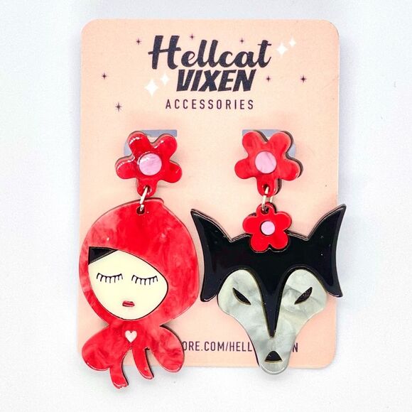 Jewelry - Retro Little Red Riding Hood & Wolf Acrylic Stud Dangling Earrings